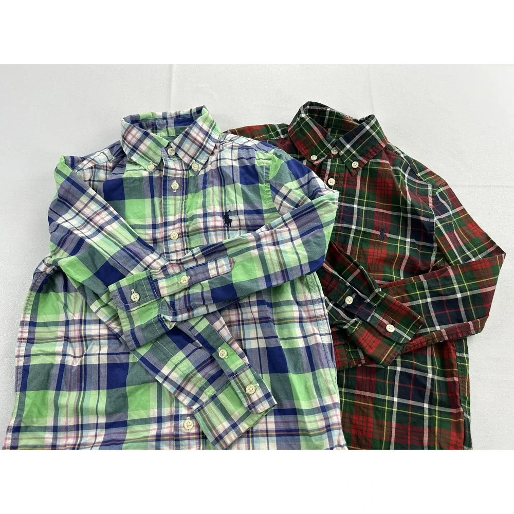 Ralph Lauren Boys Size 5 Plaid Button Down Shirts Lot of 2 Natural Stretch